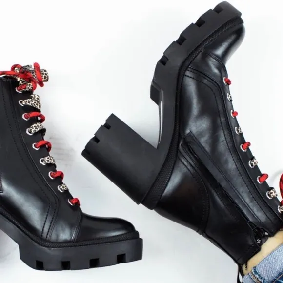 Gianni Bini Ryedderr Leopard Block Heel Combat Boots BlackRed LaceUp 10 NEW