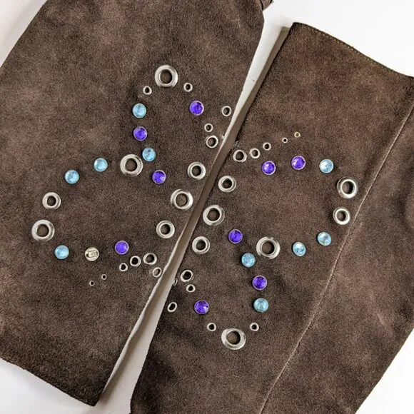 Gianni Bini Suede Rhinestone Butterfly Boots Size 5.5 Tall Brown Embellished