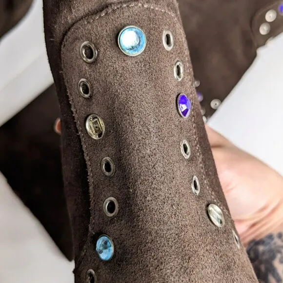 Gianni Bini Suede Rhinestone Butterfly Boots Size 5.5 Tall Brown Embellished
