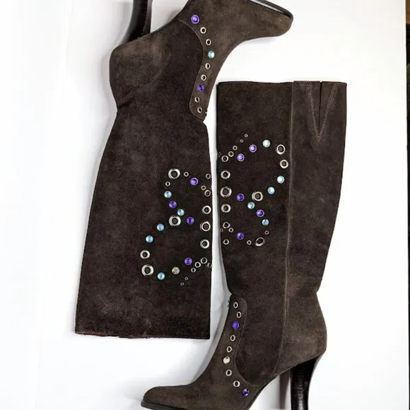Gianni Bini Suede Rhinestone Butterfly Boots Size 5.5 Tall Brown Embellished