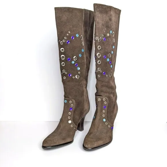 Gianni Bini Suede Rhinestone Butterfly Boots Size 5.5 Tall Brown Embellished