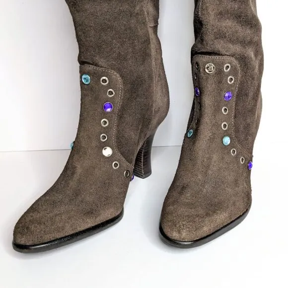Gianni Bini Suede Rhinestone Butterfly Boots Size 5.5 Tall Brown Embellished