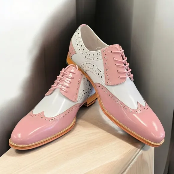 GIOVANNI MEN'S PINK/ WHITE LEATHER WING TIP DRESS SHOE. TROY.