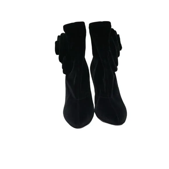 GIUSEPPE ZANOTTI Black Velvet Appliqué Floral Ankle Booties Heeled Boots EU 35