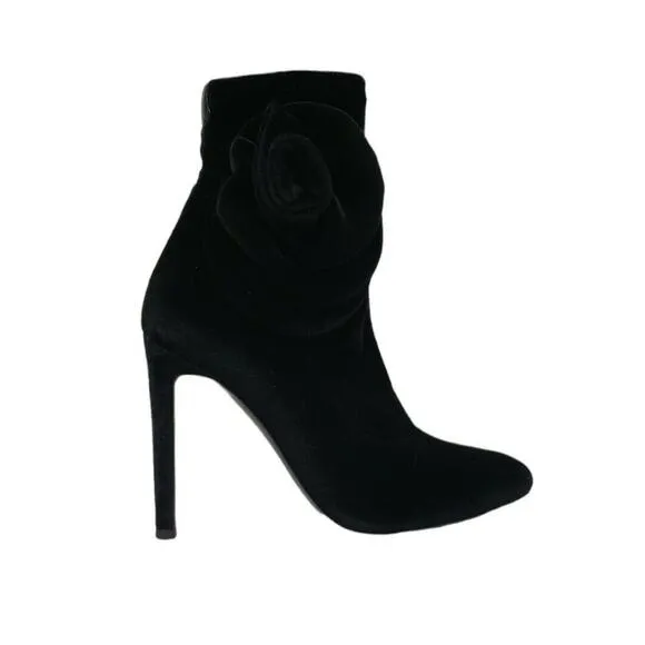 GIUSEPPE ZANOTTI Black Velvet Appliqué Floral Ankle Booties Heeled Boots EU 35