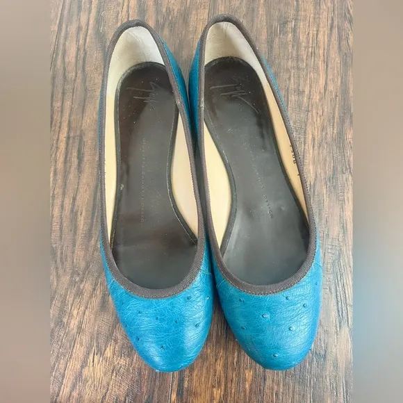 Giuseppe Zanotti women’s Ostrich Grosgrain Trim teal ballet flat size 6