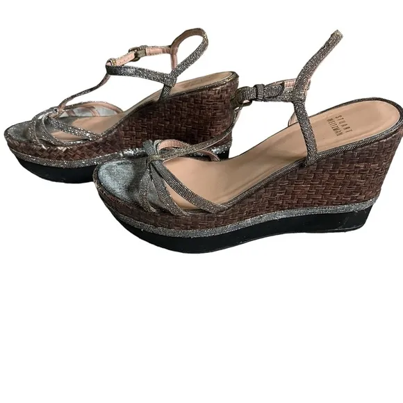 Glam Stuart Weitzman Velocity Pyrite Nocturn Wedge Heels Strappy Platforms