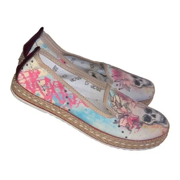 Goby Day of The Dead Flowering Skull Espadrille Shoes Comfort Loafer Size 38