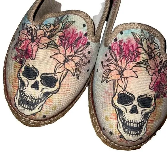 Goby Day of The Dead Flowering Skull Espadrille Shoes Comfort Loafer Size 38