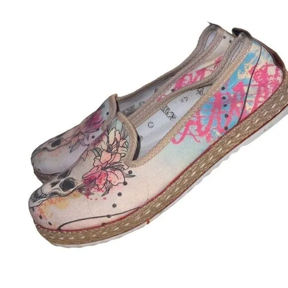 Goby Day of The Dead Flowering Skull Espadrille Shoes Comfort Loafer Size 38