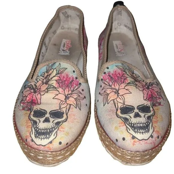 Goby Day of The Dead Flowering Skull Espadrille Shoes Comfort Loafer Size 38