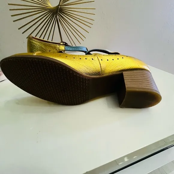 Gold and Blue Flats with Brogue Detailing