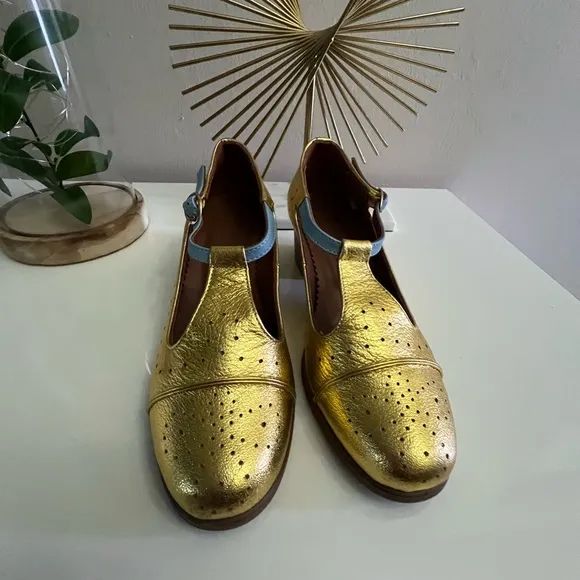 Gold and Blue Flats with Brogue Detailing