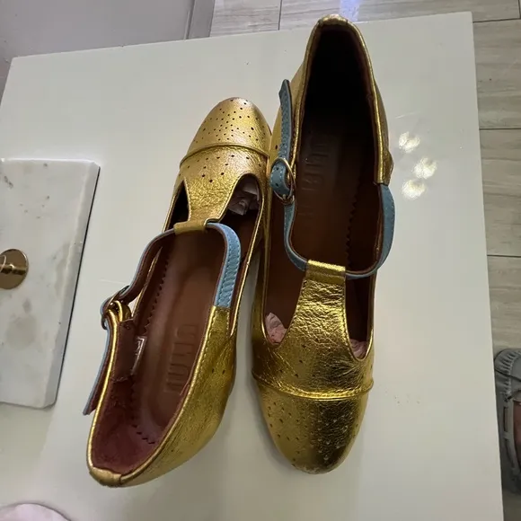 Gold and Blue Flats with Brogue Detailing