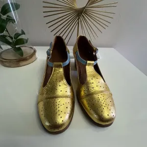 Gold and Blue Flats with Brogue Detailing