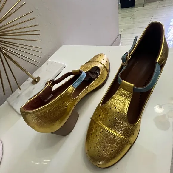 Gold and Blue Flats with Brogue Detailing