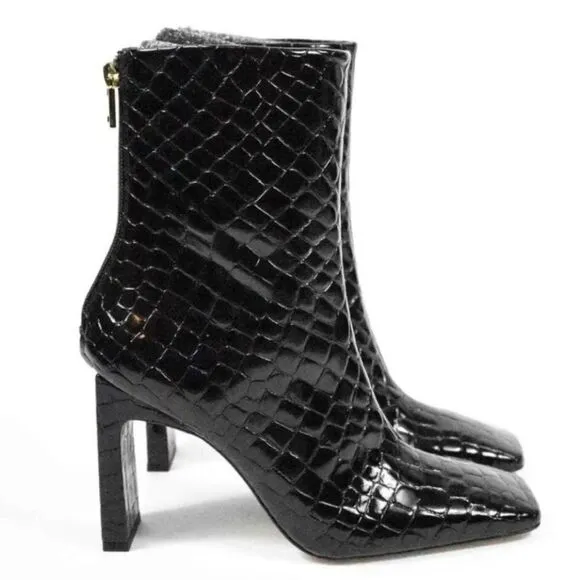 Good American $250 Black Patent Croc Square Toe Heeled Ankle Boots