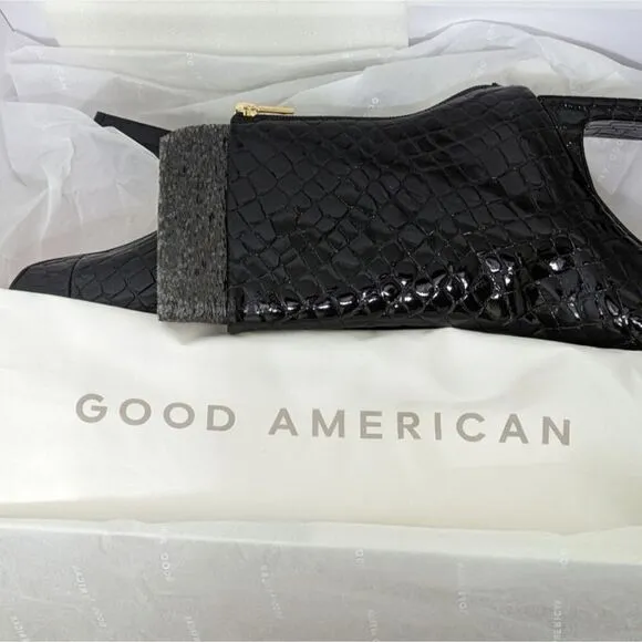 Good American $250 Black Patent Croc Square Toe Heeled Ankle Boots