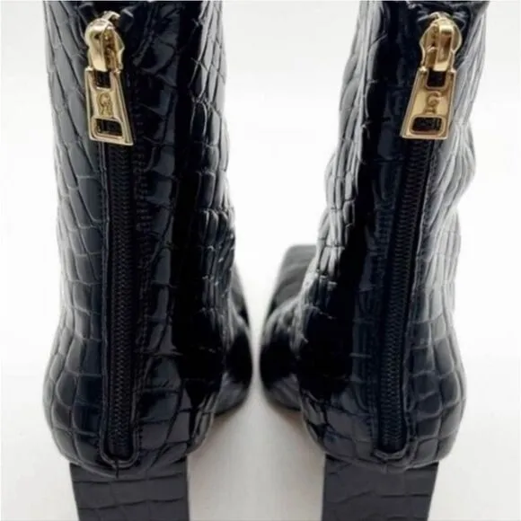 Good American $250 Black Patent Croc Square Toe Heeled Ankle Boots