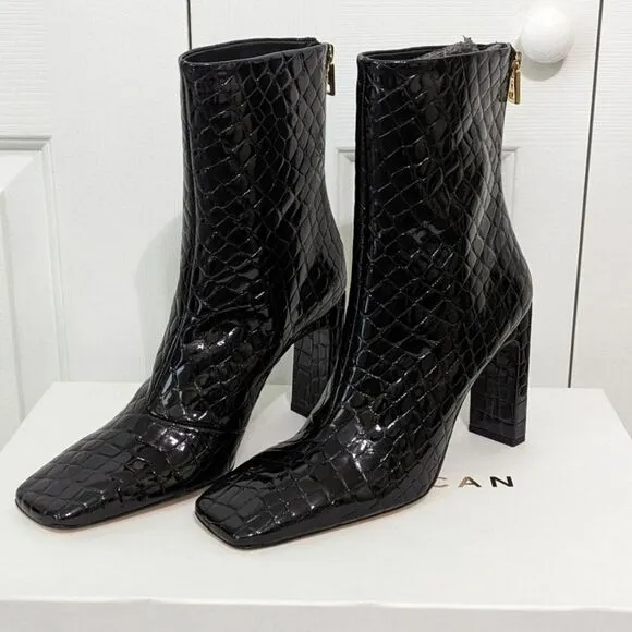 Good American $250 Black Patent Croc Square Toe Heeled Ankle Boots