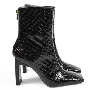 Good American $250 Black Patent Croc Square Toe Heeled Ankle Boots