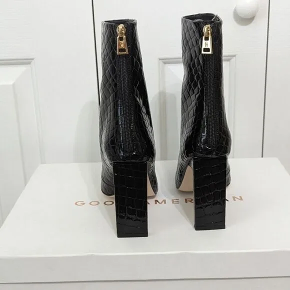 Good American $250 Black Patent Croc Square Toe Heeled Ankle Boots