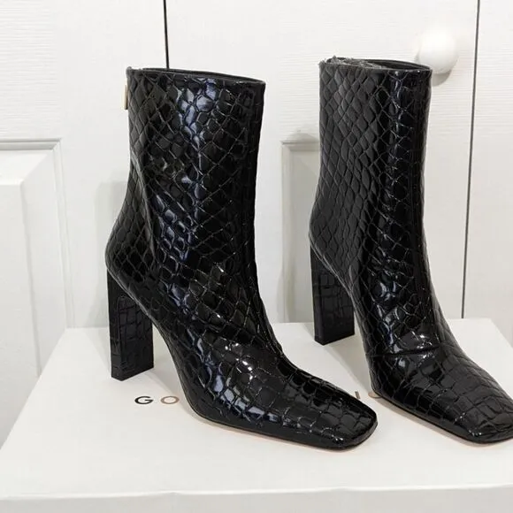 Good American $250 Black Patent Croc Square Toe Heeled Ankle Boots