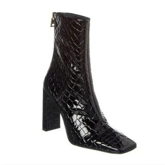 Good American $250 Black Patent Croc Square Toe Heeled Ankle Boots