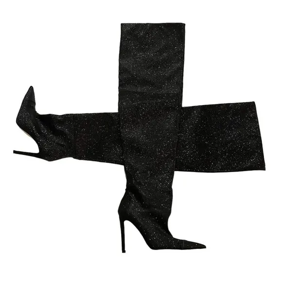 Good American The Weekend Thigh High Heel Boots Glitter Sparkle Pointy Toe