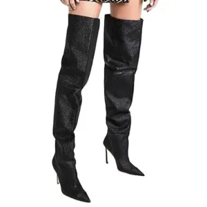 Good American The Weekend Thigh High Heel Boots Glitter Sparkle Pointy Toe