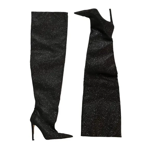 Good American The Weekend Thigh High Heel Boots Glitter Sparkle Pointy Toe