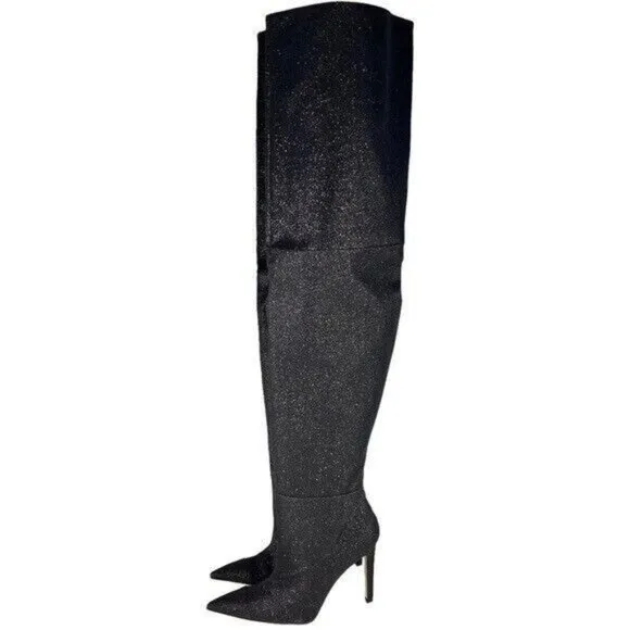 Good American The Weekend Thigh High Heel Boots Glitter Sparkle Pointy Toe