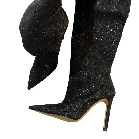 Good American The Weekend Thigh High Heel Boots Glitter Sparkle Pointy Toe