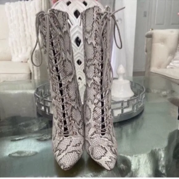 Gray Snakeskin Heeled Boots with Lace-Up Detail