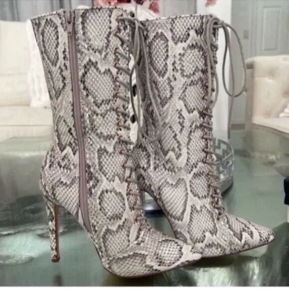 Gray Snakeskin Heeled Boots with Lace-Up Detail