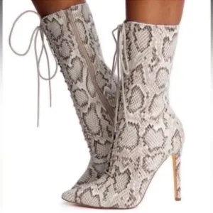Gray Snakeskin Heeled Boots with Lace-Up Detail
