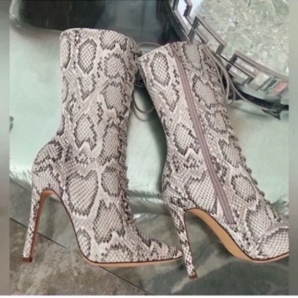 Gray Snakeskin Heeled Boots with Lace-Up Detail
