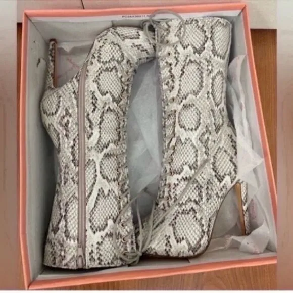Gray Snakeskin Heeled Boots with Lace-Up Detail