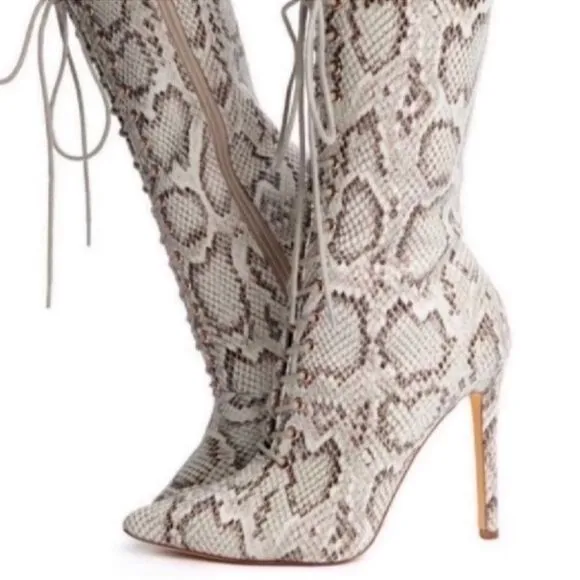 Gray Snakeskin Heeled Boots with Lace-Up Detail