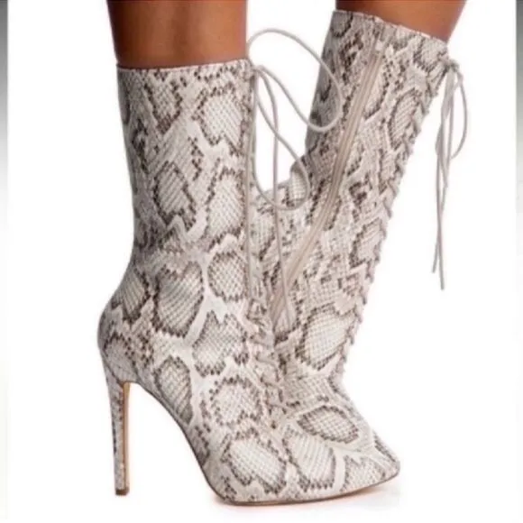 Gray Snakeskin Heeled Boots with Lace-Up Detail