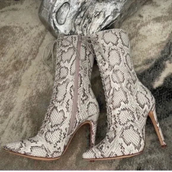 Gray Snakeskin Heeled Boots with Lace-Up Detail