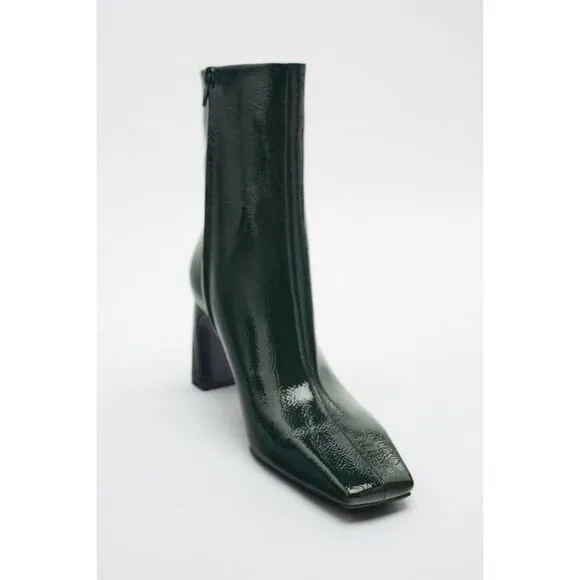 Green Zara Faux Patent Leather Square-Toe Heeled Boots (NWT)