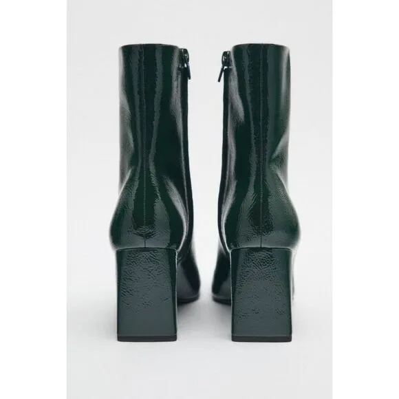 Green Zara Faux Patent Leather Square-Toe Heeled Boots (NWT)