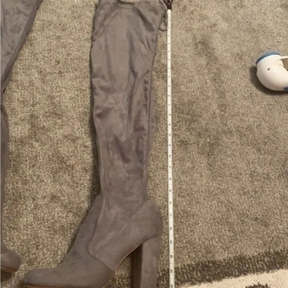 Grey faux suede thigh high heeled boots