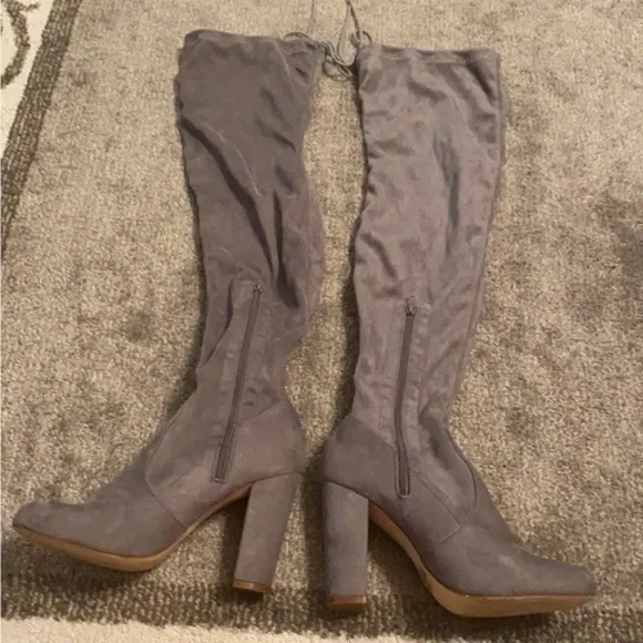 Grey faux suede thigh high heeled boots