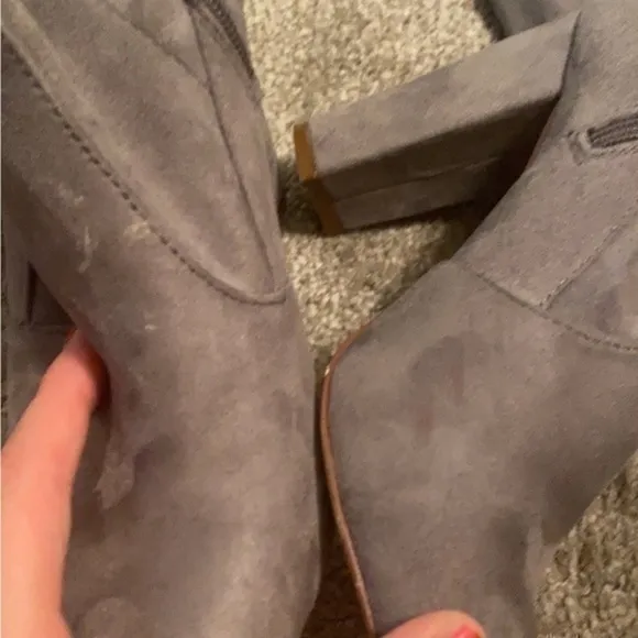 Grey faux suede thigh high heeled boots