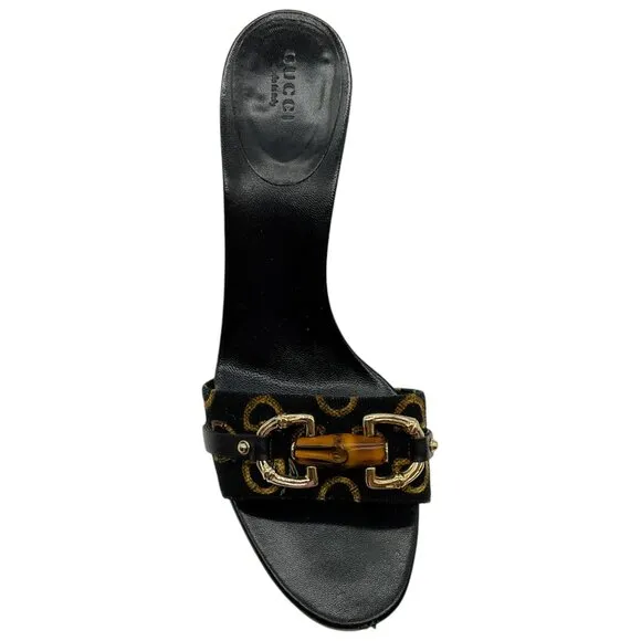 Gucci Black Canvas Slide Sandals with Bamboo Bit