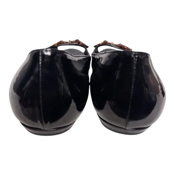 Gucci Black Patent Leather Horsebit Peep Toe Flats
