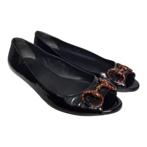Gucci Black Patent Leather Horsebit Peep Toe Flats