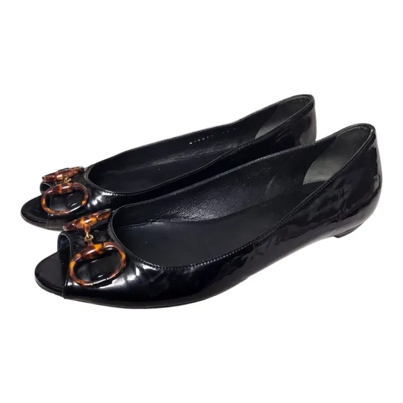 Gucci Black Patent Leather Horsebit Peep Toe Flats